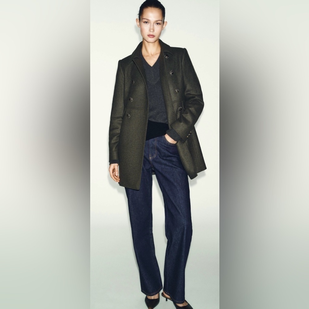 Zara Wool Blend Double Breasted Military Coat Khaki Size Medium NWT